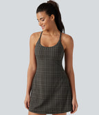 Plaid Print Built-in Bra 2-in-1 Mini Dance Active Dress with Pockets-Edition — Sandstone Check Plaid — view 5