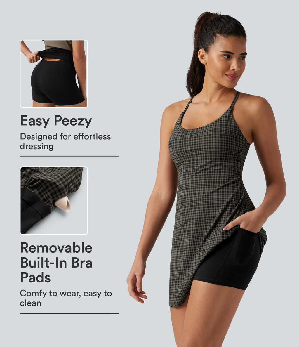 Plaid Print Built-in Bra 2-in-1 Mini Dance Active Dress with Pockets-Edition — Sandstone Check Plaid — view 1
