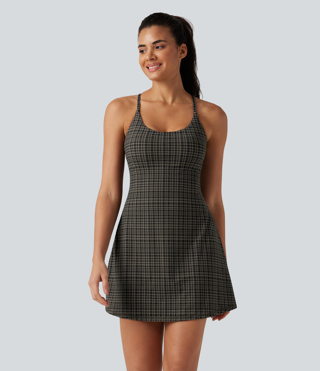 Plaid Print Built-in Bra 2-in-1 Mini Dance Active Dress with Pockets-Edition — Sandstone Check Plaid — view 3