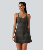 Plaid Print Built-in Bra 2-in-1 Mini Dance Active Dress with Pockets-Edition — Sandstone Check Plaid — view 3
