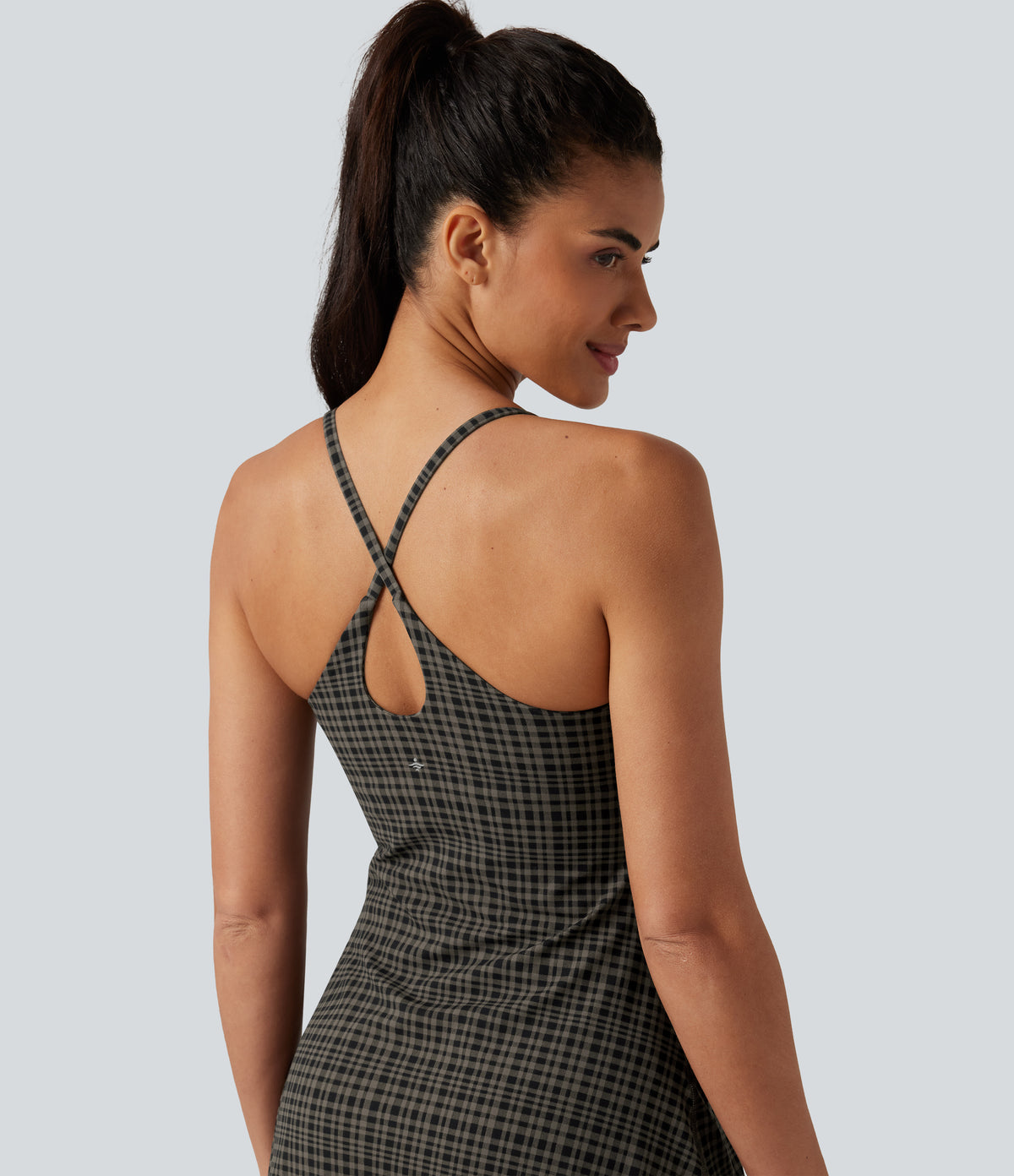 Plaid Print Built-in Bra 2-in-1 Mini Dance Active Dress with Pockets-Edition — Sandstone Check Plaid — view 4