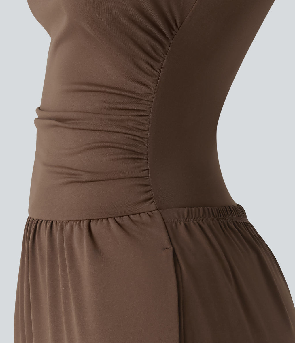 Boat Neck Sleeveless Ruched Wide Leg Casual Dungarees with Pockets-Edition — Chestnut — view 6