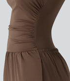 Boat Neck Sleeveless Ruched Wide Leg Casual Dungarees with Pockets-Edition — Chestnut — view 6