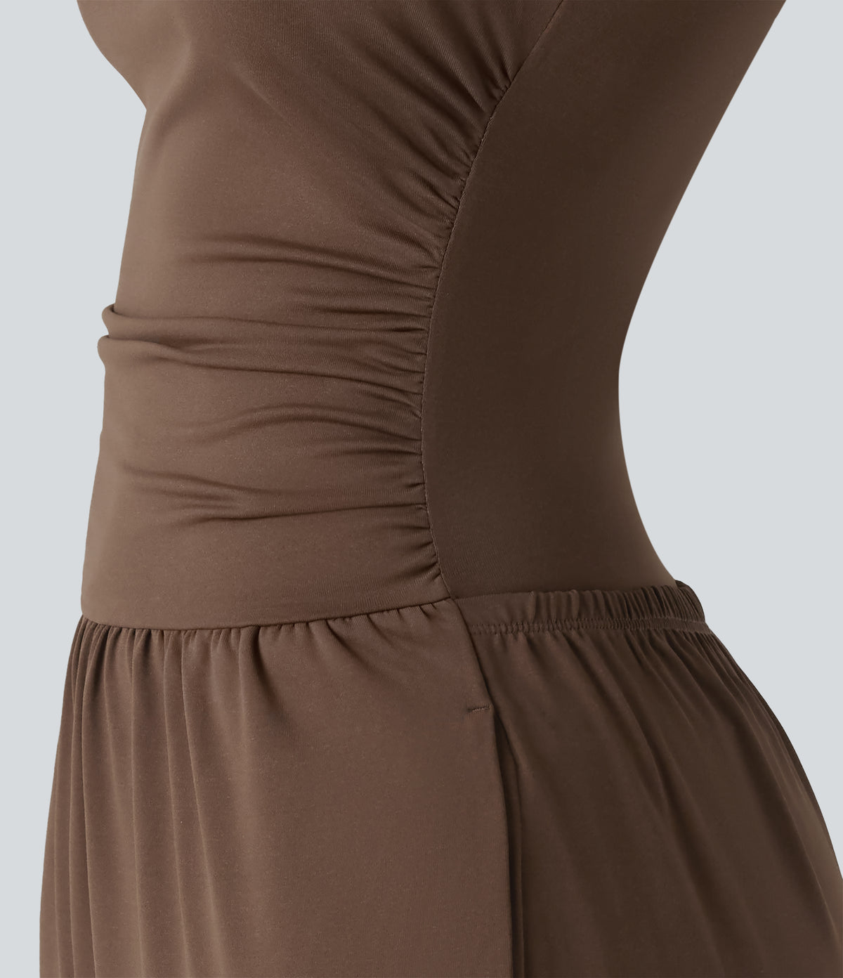 Boat Neck Sleeveless Ruched Wide Leg Casual Dungarees with Pockets-Edition — Chestnut — view 6