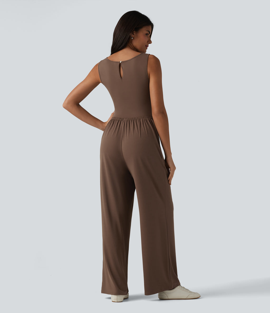 Boat Neck Sleeveless Ruched Wide Leg Casual Dungarees with Pockets-Edition — Chestnut — view 2