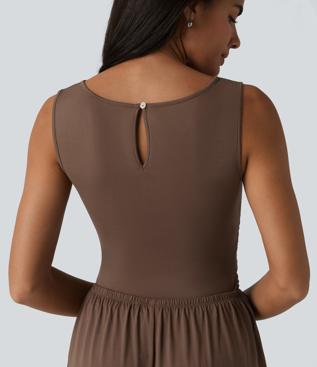 Boat Neck Sleeveless Ruched Wide Leg Casual Dungarees with Pockets-Edition — Chestnut — view 5