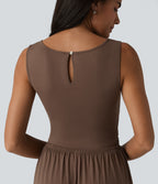 Boat Neck Sleeveless Ruched Wide Leg Casual Dungarees with Pockets-Edition — Chestnut — view 5