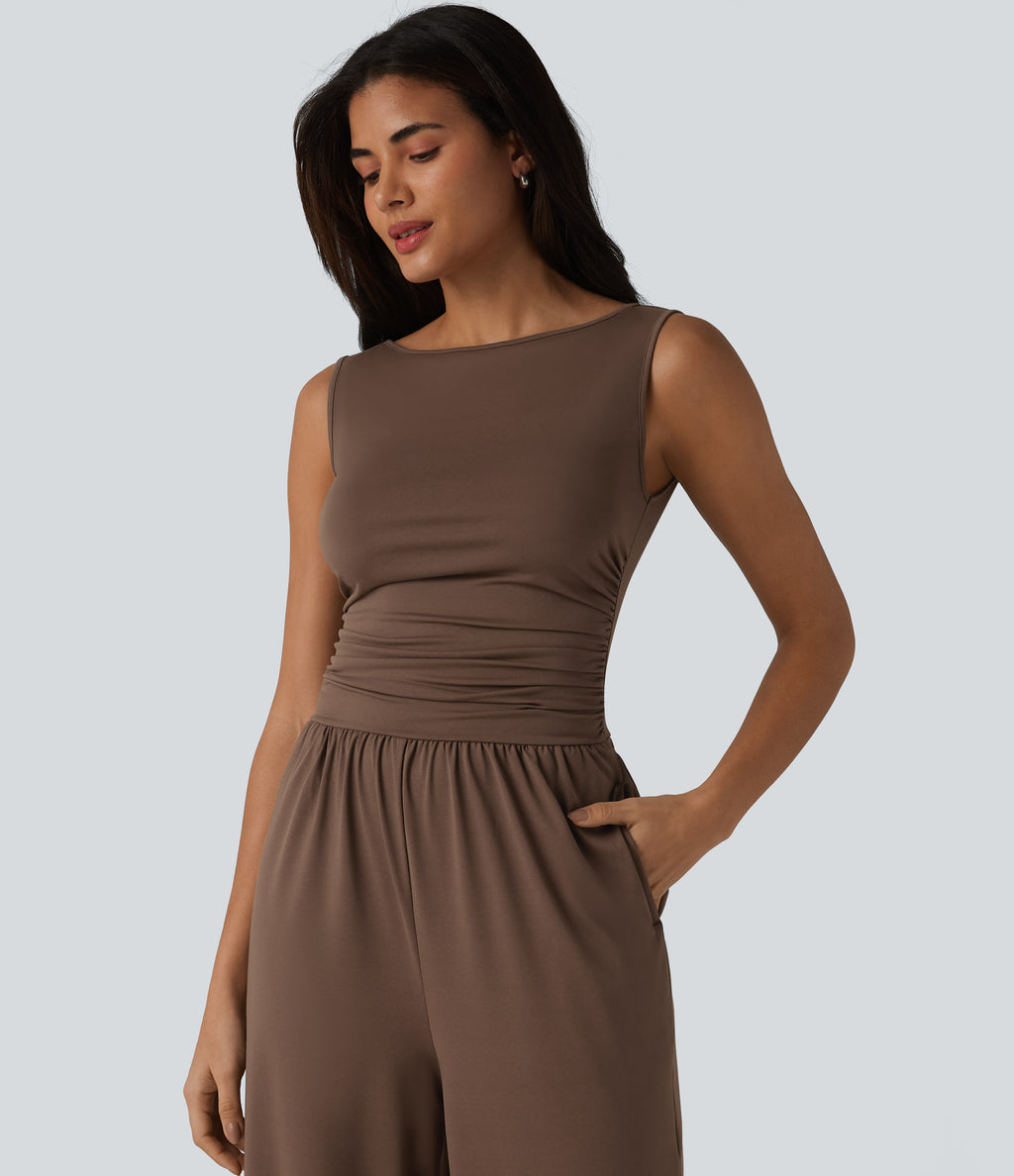 Boat Neck Sleeveless Ruched Wide Leg Casual Dungarees with Pockets-Edition — Chestnut — view 4