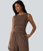 Boat Neck Sleeveless Ruched Wide Leg Casual Dungarees with Pockets-Edition — Chestnut — view 4