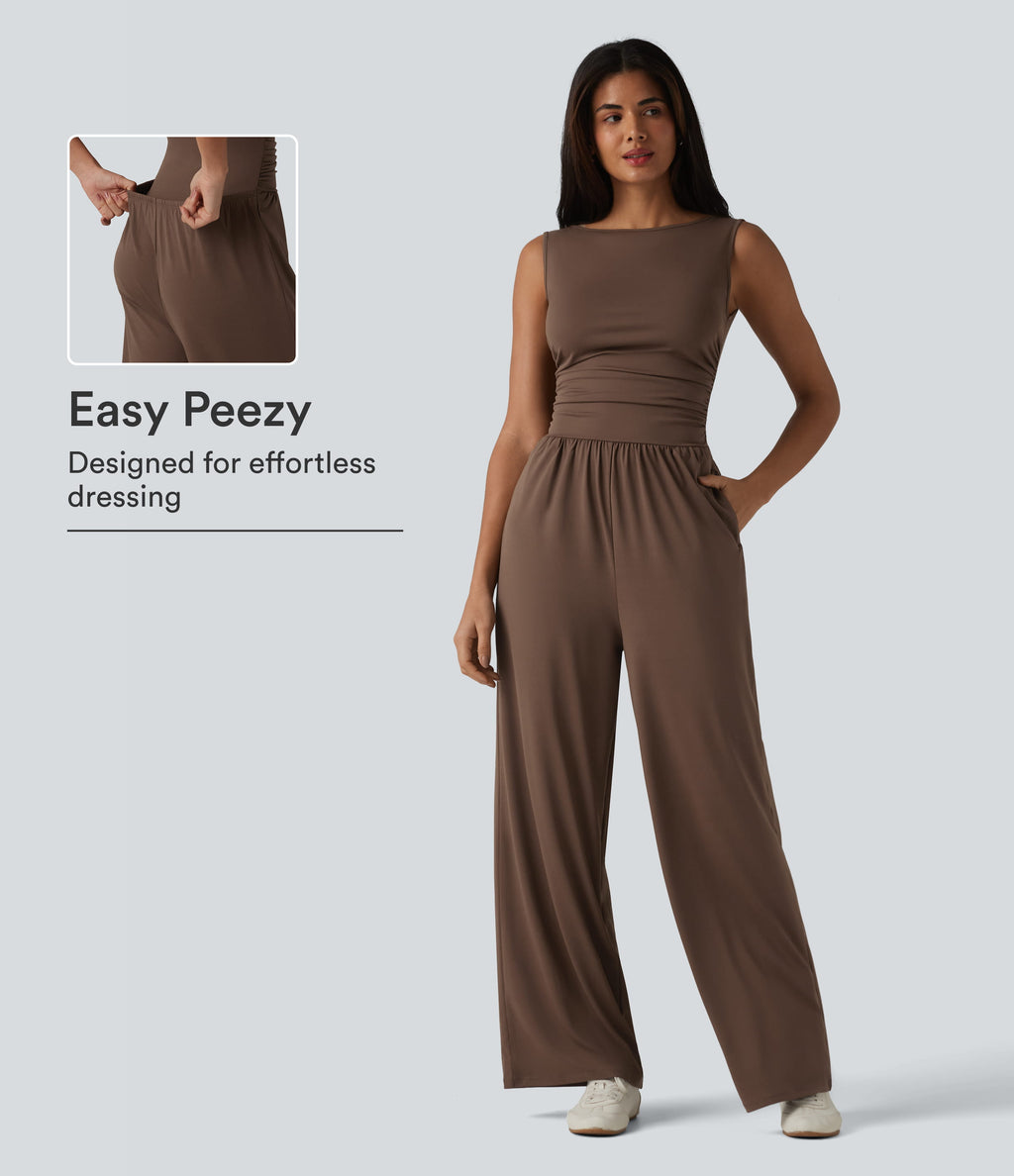 Boat Neck Sleeveless Ruched Wide Leg Casual Dungarees with Pockets-Edition — Chestnut — view 1