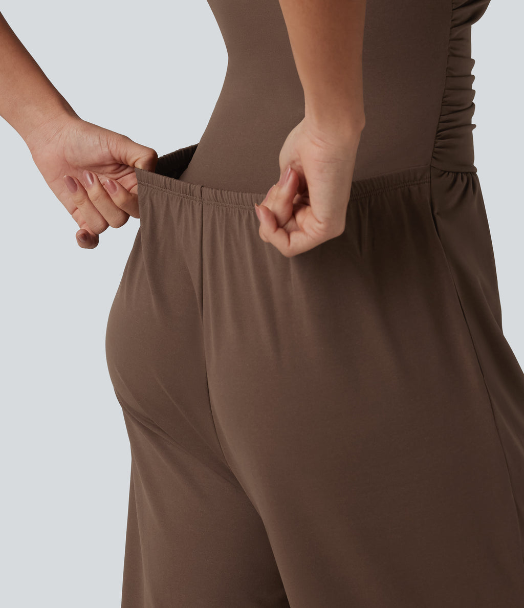 Boat Neck Sleeveless Ruched Wide Leg Casual Dungarees with Pockets-Edition — Chestnut — view 7