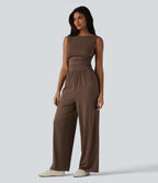 Boat Neck Sleeveless Ruched Wide Leg Casual Dungarees with Pockets-Edition — Chestnut — view 3