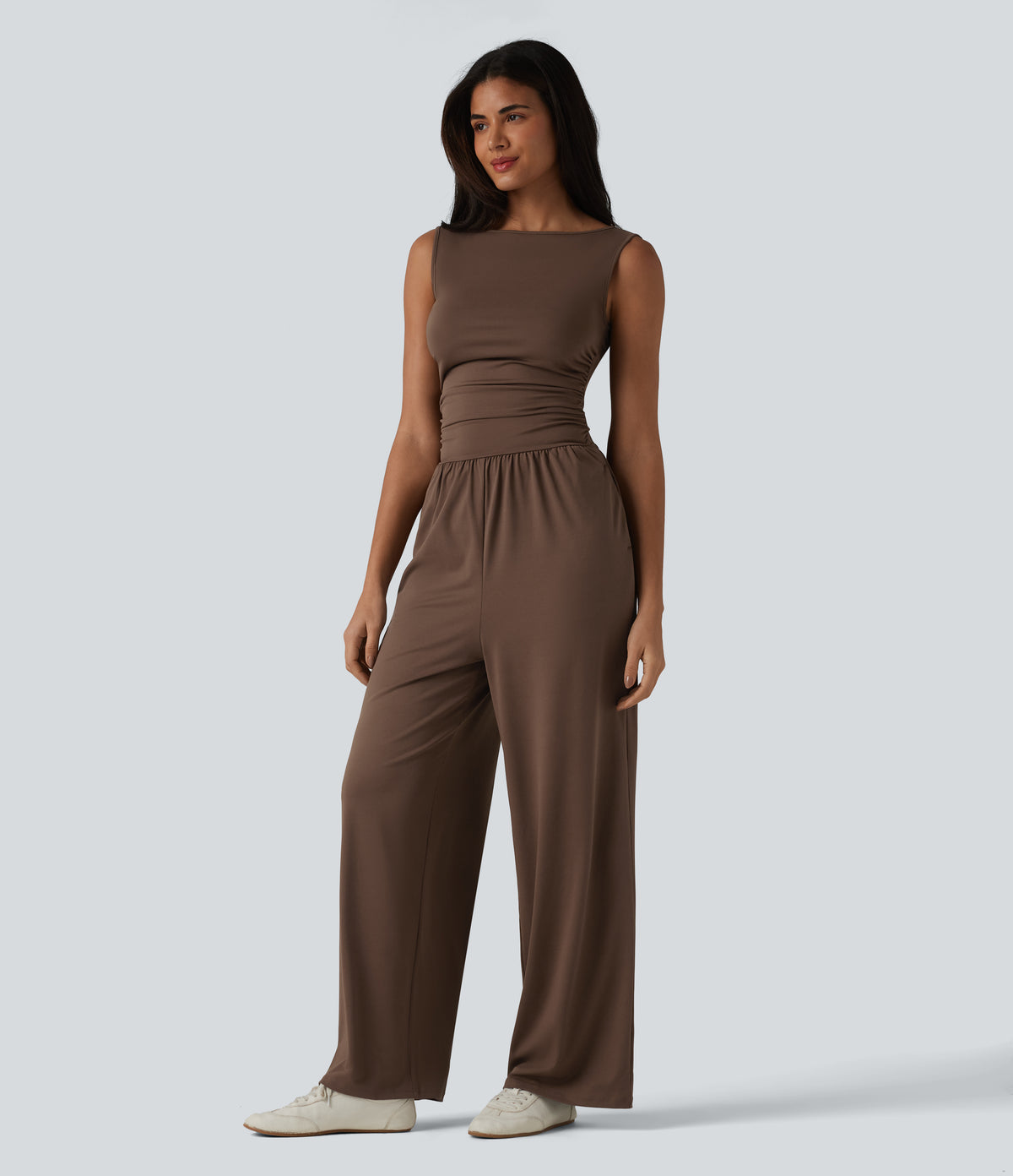 Boat Neck Sleeveless Ruched Wide Leg Casual Dungarees with Pockets-Edition — Chestnut — view 3