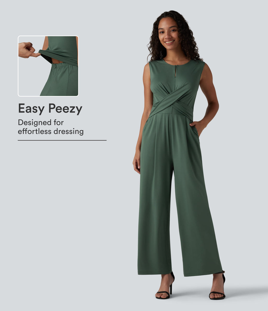 Round Neck Sleeveless Crossover Waist Work Straight-leg Jumpsuit with Pockets — Duck Green — view 1