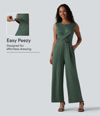 Round Neck Sleeveless Crossover Waist Work Straight-leg Jumpsuit with Pockets — Duck Green — view 1