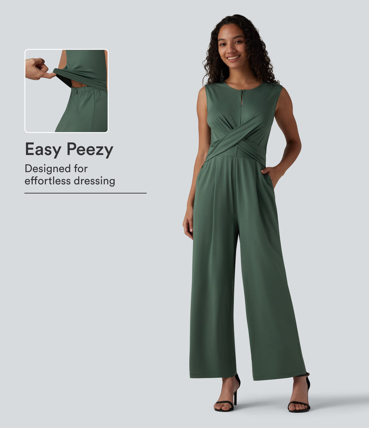 Round Neck Sleeveless Crossover Waist Work Straight-leg Jumpsuit with Pockets — Duck Green — view 1