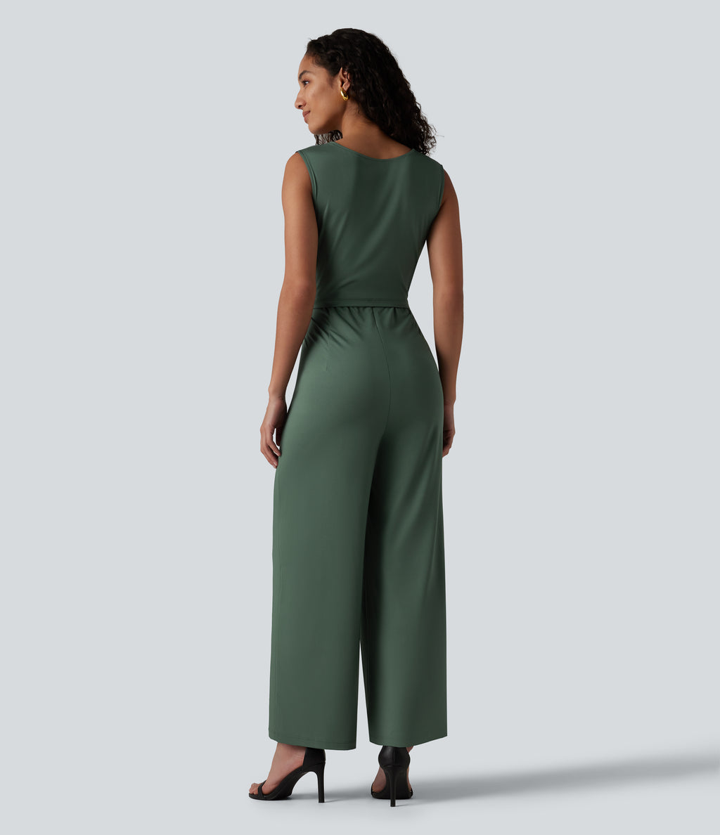Round Neck Sleeveless Crossover Waist Work Straight-leg Jumpsuit with Pockets — Duck Green — view 2