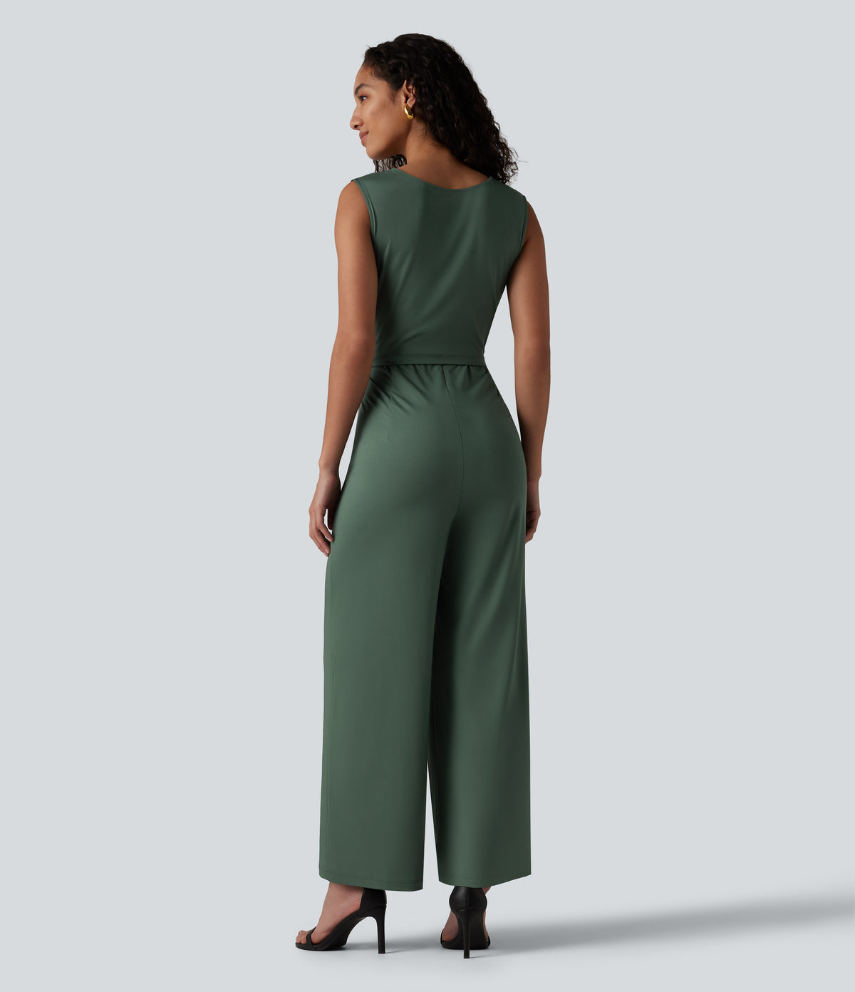 Round Neck Sleeveless Crossover Waist Work Straight-leg Jumpsuit with Pockets — Duck Green — view 2