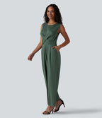 Round Neck Sleeveless Crossover Waist Work Straight-leg Jumpsuit with Pockets — Duck Green — view 3