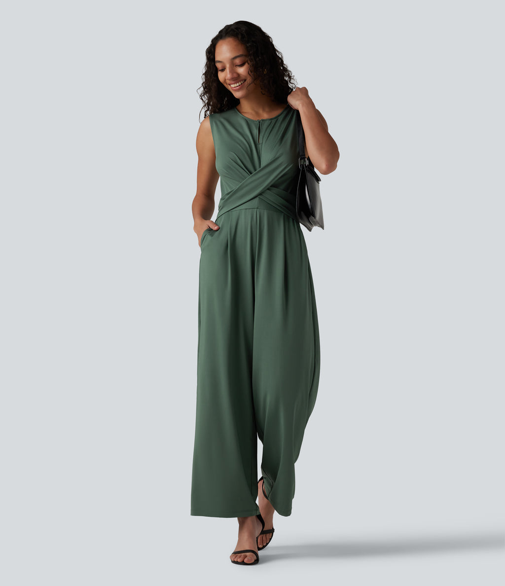 Round Neck Sleeveless Crossover Waist Work Straight-leg Jumpsuit with Pockets — Duck Green — view 6