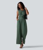 Round Neck Sleeveless Crossover Waist Work Straight-leg Jumpsuit with Pockets — Duck Green — view 6