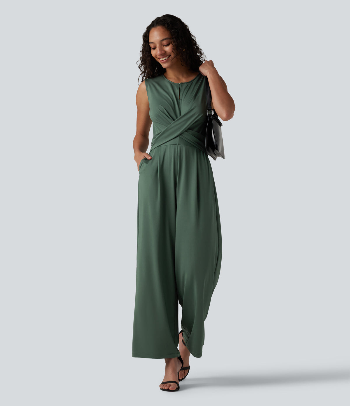 Round Neck Sleeveless Crossover Waist Work Straight-leg Jumpsuit with Pockets — Duck Green — view 6