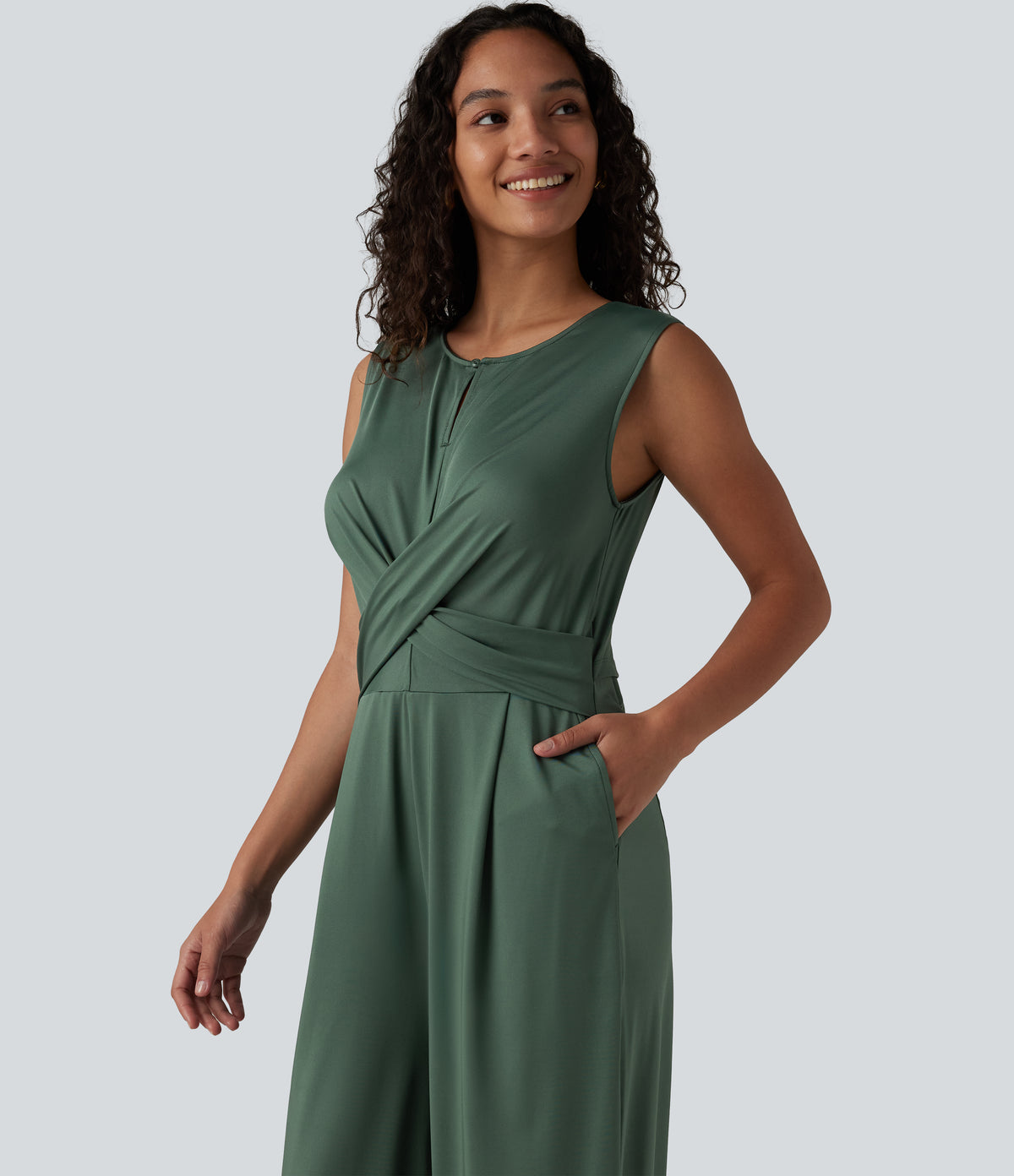 Round Neck Sleeveless Crossover Waist Work Straight-leg Jumpsuit with Pockets — Duck Green — view 5