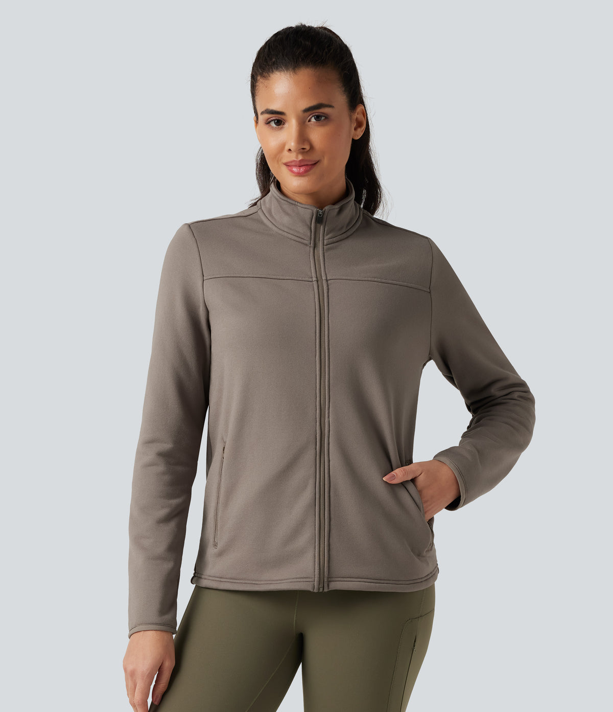 Stand Collar Long Sleeve Zip Fly Fleece Hiking Jacket with Pockets — Walnut — view 1