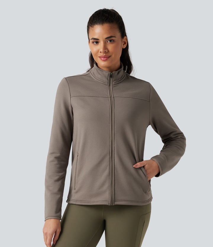 Stand Collar Long Sleeve Zip Fly Fleece Hiking Jacket with Pockets — Walnut — view 1