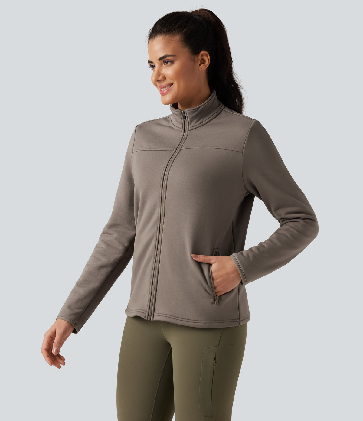 Stand Collar Long Sleeve Zip Fly Fleece Hiking Jacket with Pockets — Walnut — view 6