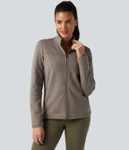 Stand Collar Long Sleeve Zip Fly Fleece Hiking Jacket with Pockets — Walnut — view 4