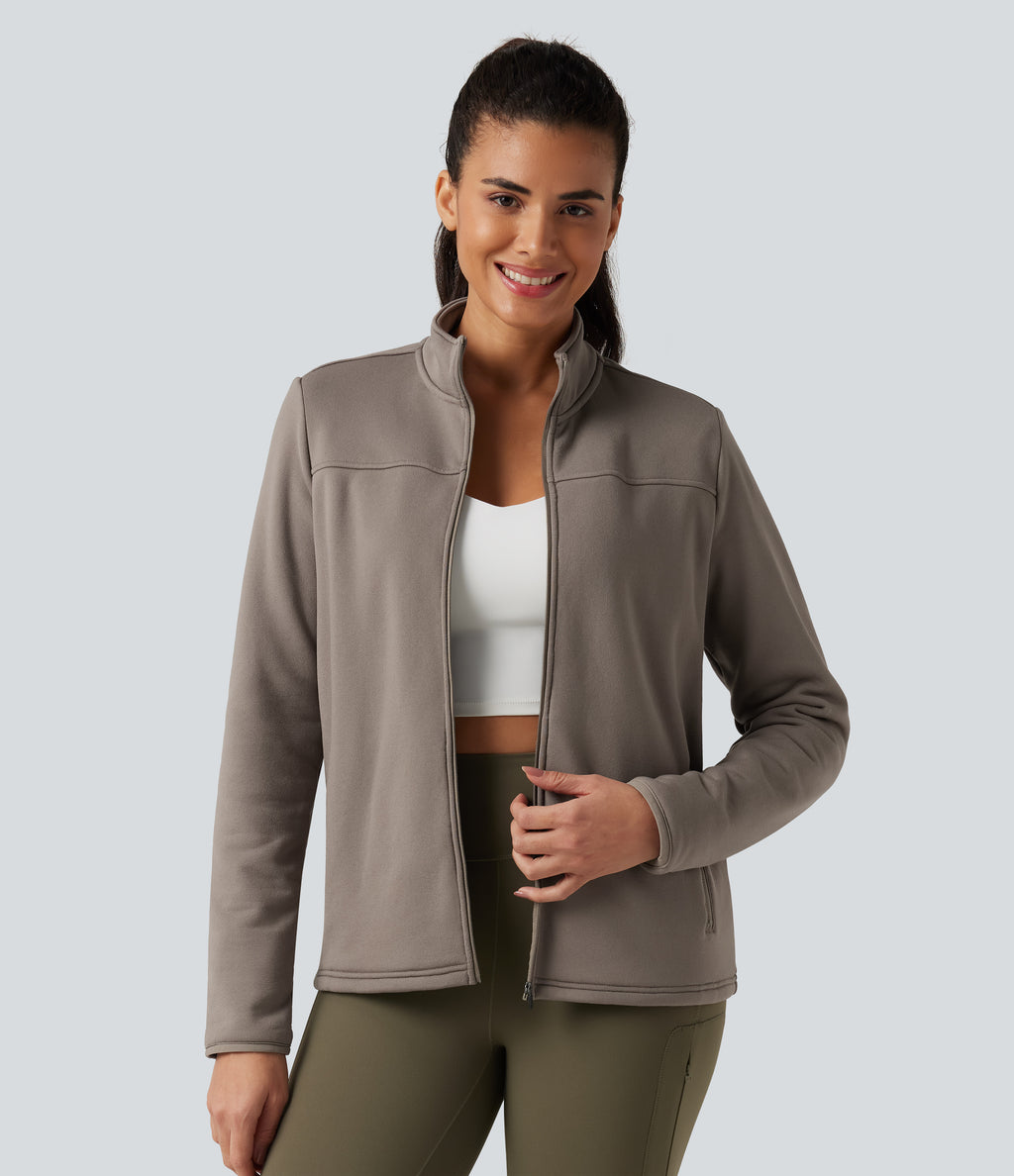 Stand Collar Long Sleeve Zip Fly Fleece Hiking Jacket with Pockets — Walnut — view 7