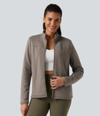 Stand Collar Long Sleeve Zip Fly Fleece Hiking Jacket with Pockets — Walnut — view 7