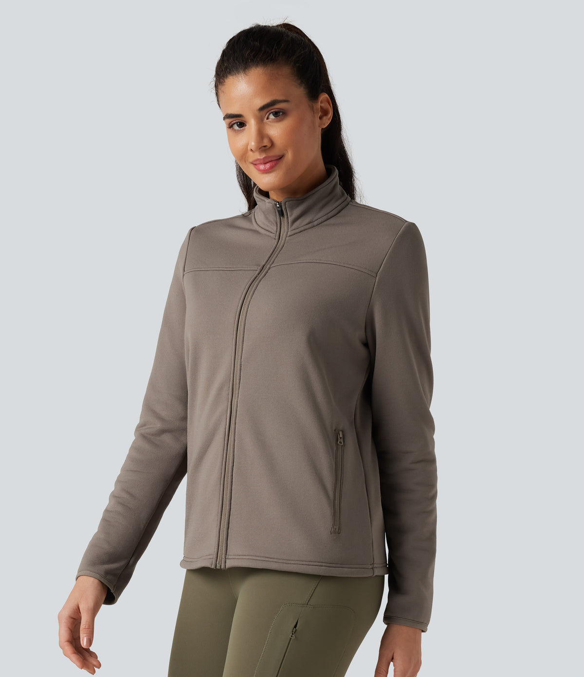 Stand Collar Long Sleeve Zip Fly Fleece Hiking Jacket with Pockets — Walnut — view 3