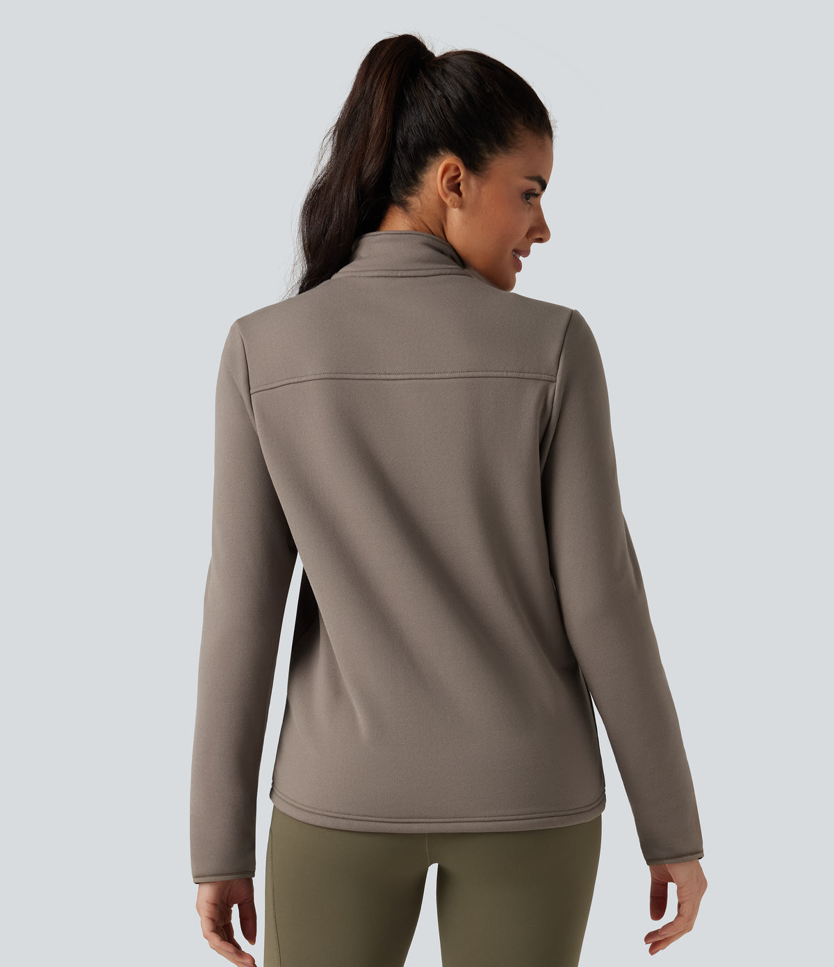 Stand Collar Long Sleeve Zip Fly Fleece Hiking Jacket with Pockets — Walnut — view 5