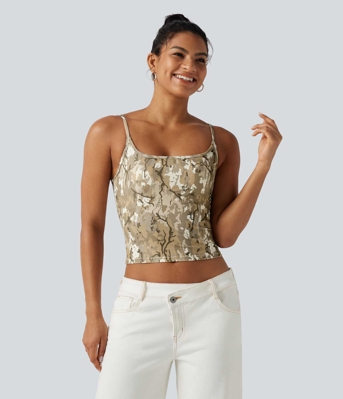 Camo Print Built-in Bra Casual Cami Top — Woodland Camo — view 2