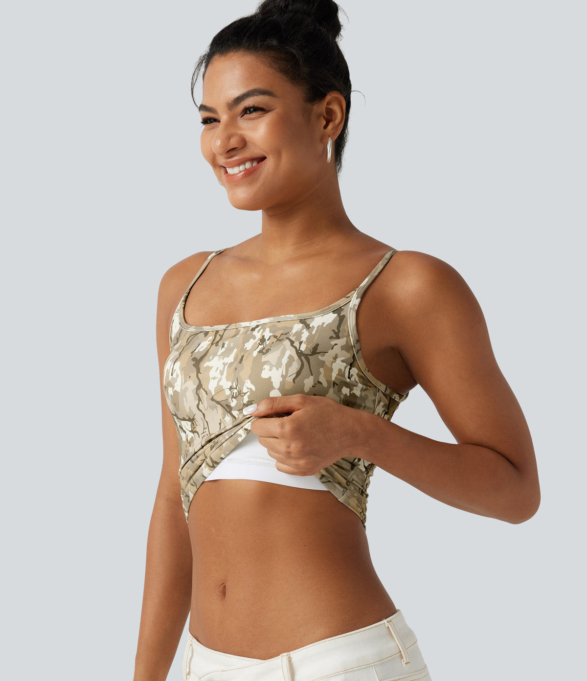 Camo Print Built-in Bra Casual Cami Top — Woodland Camo — view 1