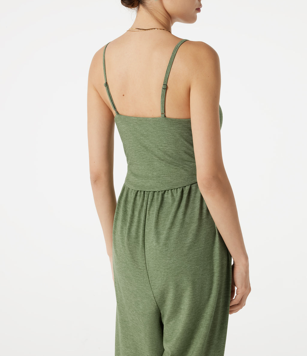 Adjustable Straps Ruched Built-in Bra Heathered Casual Jogger Jumpsuit with Pockets — Light Green Floral Yarn — view 6