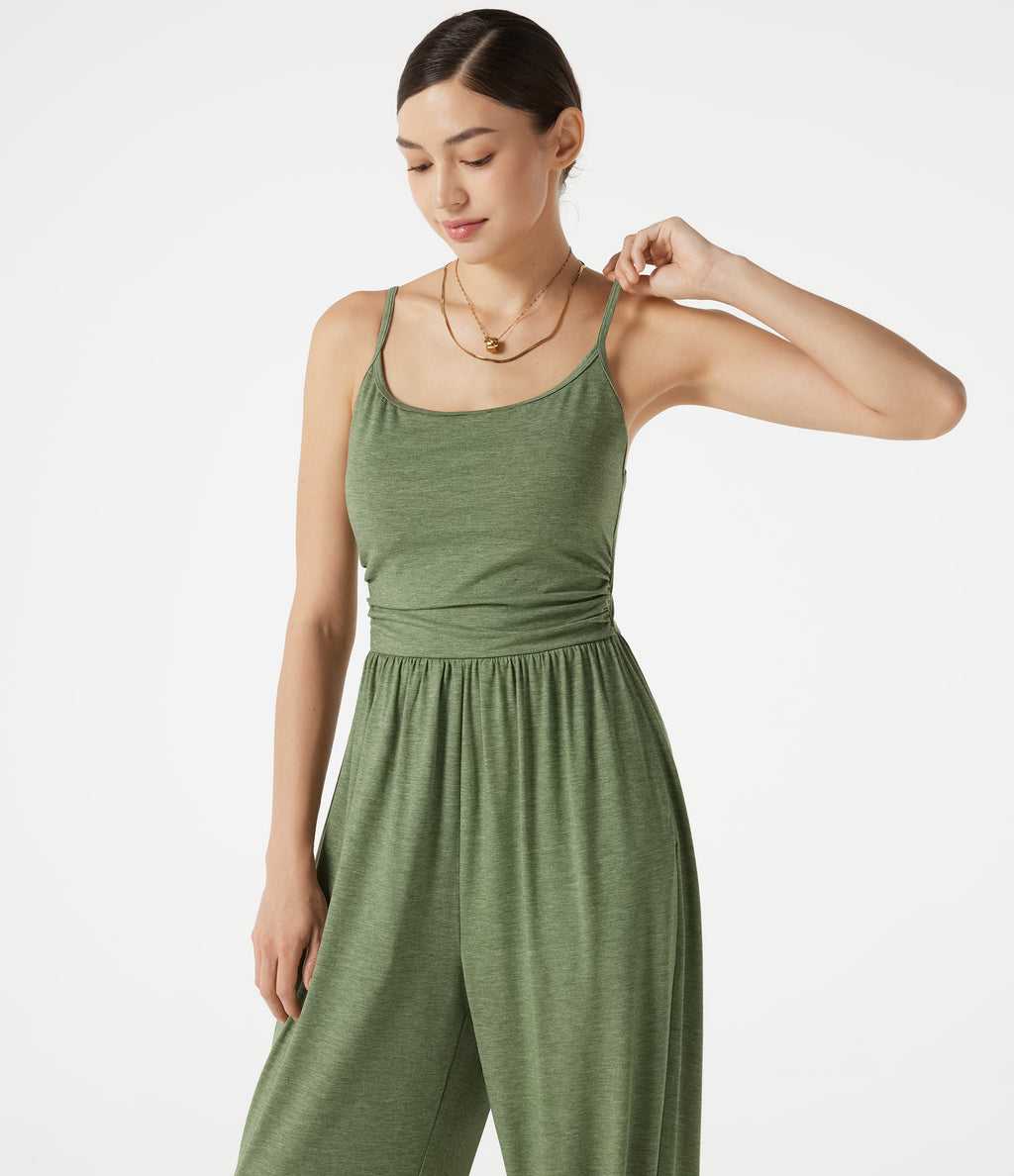 Adjustable Straps Ruched Built-in Bra Heathered Casual Jogger Jumpsuit with Pockets — Light Green Floral Yarn — view 5