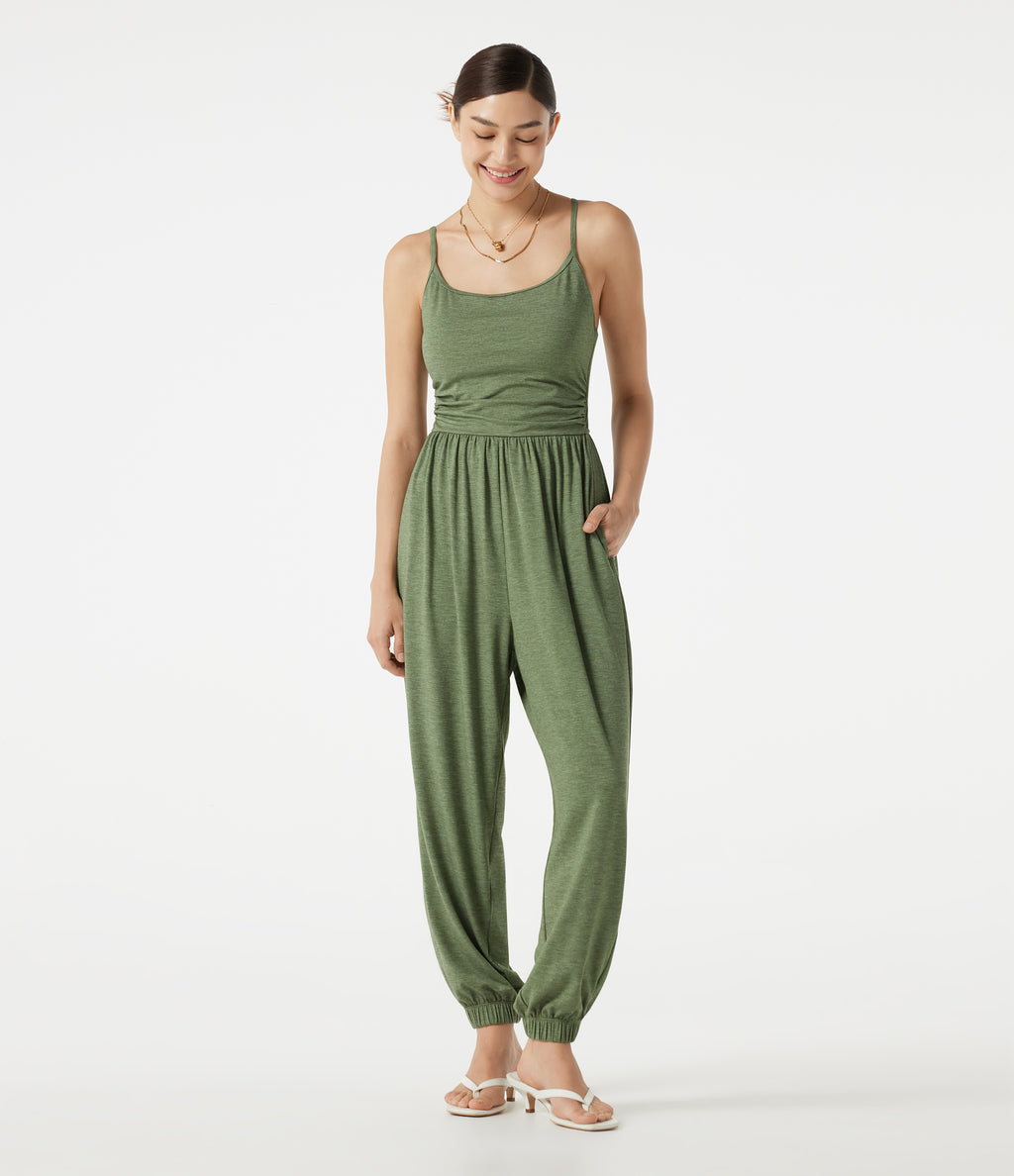 Adjustable Straps Ruched Built-in Bra Heathered Casual Jogger Jumpsuit with Pockets — Light Green Floral Yarn — view 1