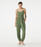 Adjustable Straps Ruched Built-in Bra Heathered Casual Jogger Jumpsuit with Pockets — Light Green Floral Yarn — view 1