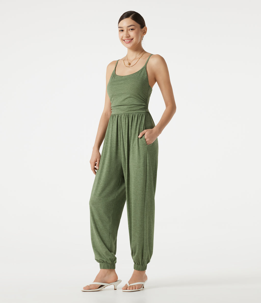 Adjustable Straps Ruched Built-in Bra Heathered Casual Jogger Jumpsuit with Pockets — Light Green Floral Yarn — view 3