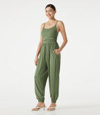 Adjustable Straps Ruched Built-in Bra Heathered Casual Jogger Jumpsuit with Pockets — Light Green Floral Yarn — view 3