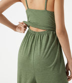 Adjustable Straps Ruched Built-in Bra Heathered Casual Jogger Jumpsuit with Pockets — Light Green Floral Yarn — view 4