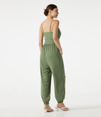 Adjustable Straps Ruched Built-in Bra Heathered Casual Jogger Jumpsuit with Pockets — Light Green Floral Yarn — view 2