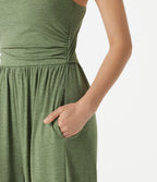 Adjustable Straps Ruched Built-in Bra Heathered Casual Jogger Jumpsuit with Pockets — Light Green Floral Yarn — view 7