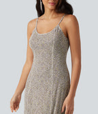 Polka Dot Mesh Maxi Flowy Bridesmaid and Wedding Guest Slip Dress — Golden Pebble Dot — view 4