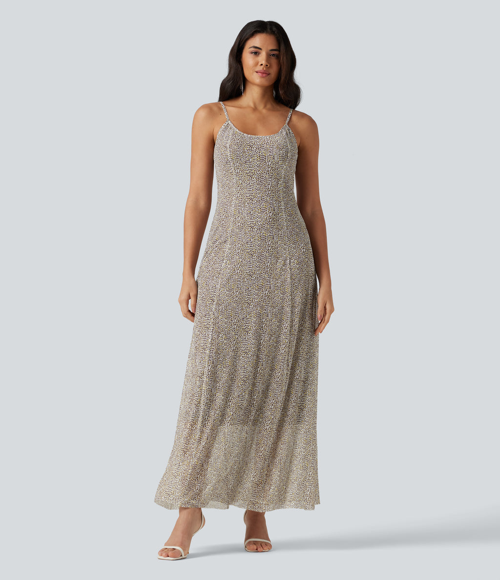 Polka Dot Mesh Maxi Flowy Bridesmaid and Wedding Guest Slip Dress — Golden Pebble Dot — view 3