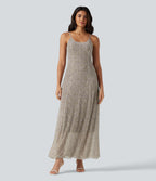 Polka Dot Mesh Maxi Flowy Bridesmaid and Wedding Guest Slip Dress — Golden Pebble Dot — view 3