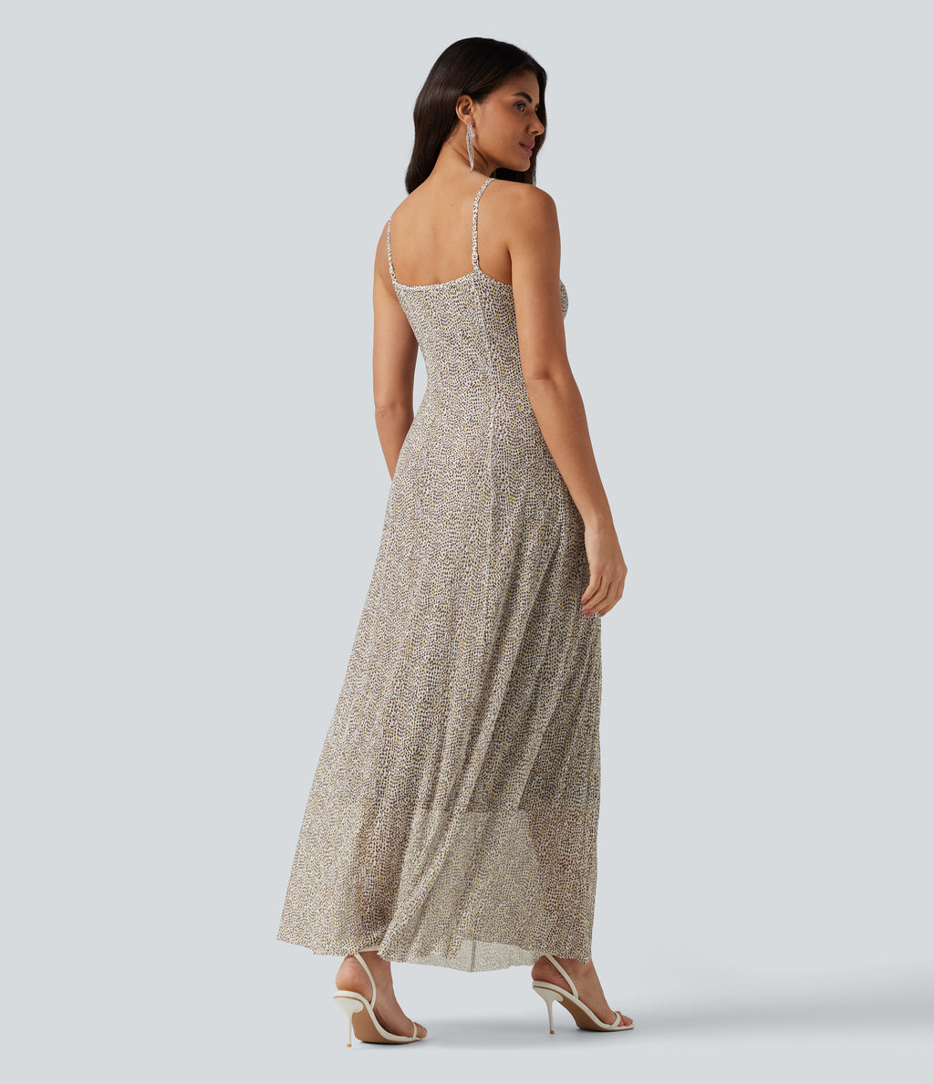 Polka Dot Mesh Maxi Flowy Bridesmaid and Wedding Guest Slip Dress — Golden Pebble Dot — view 2